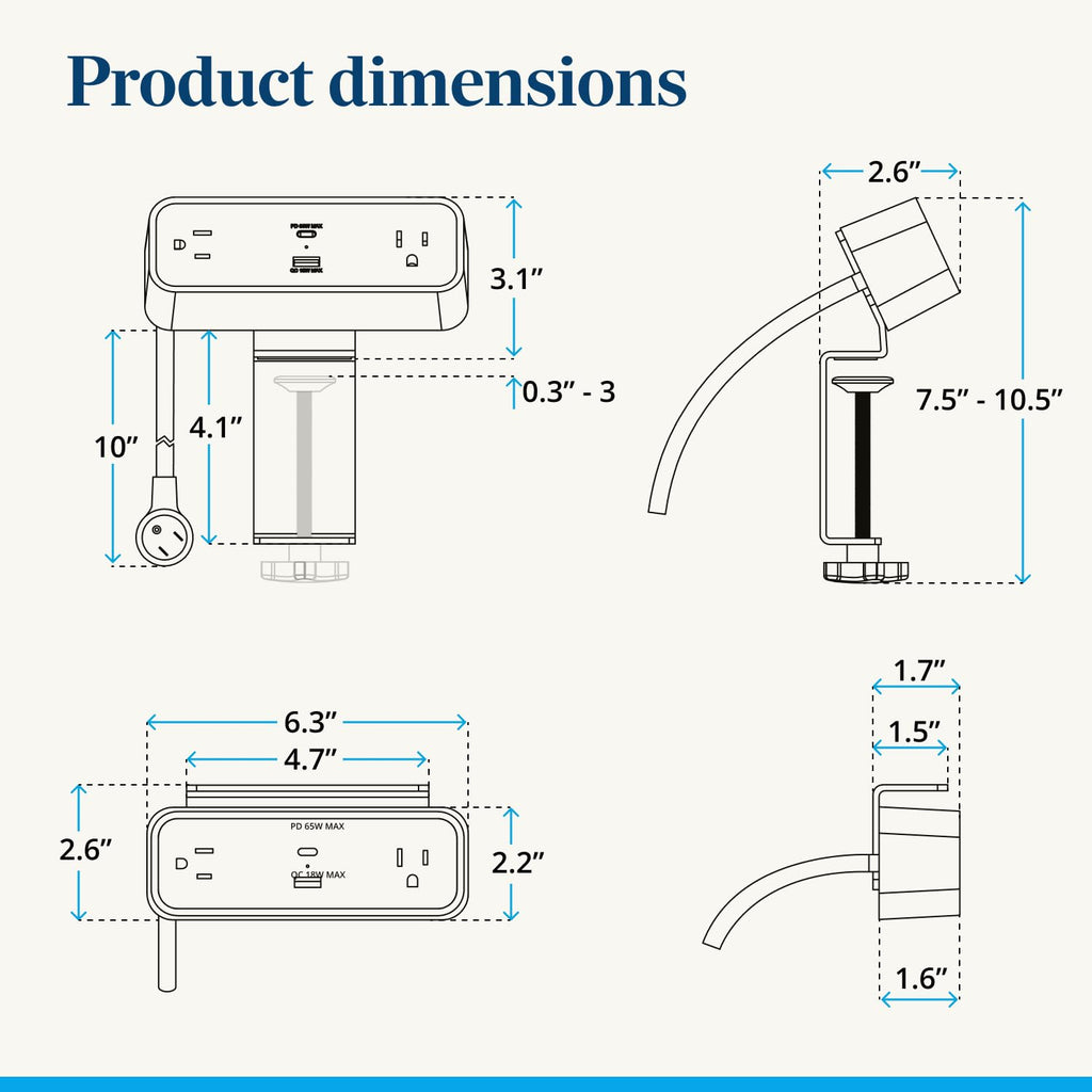Desk Clamp Power Strip with USB-C & USB-A
