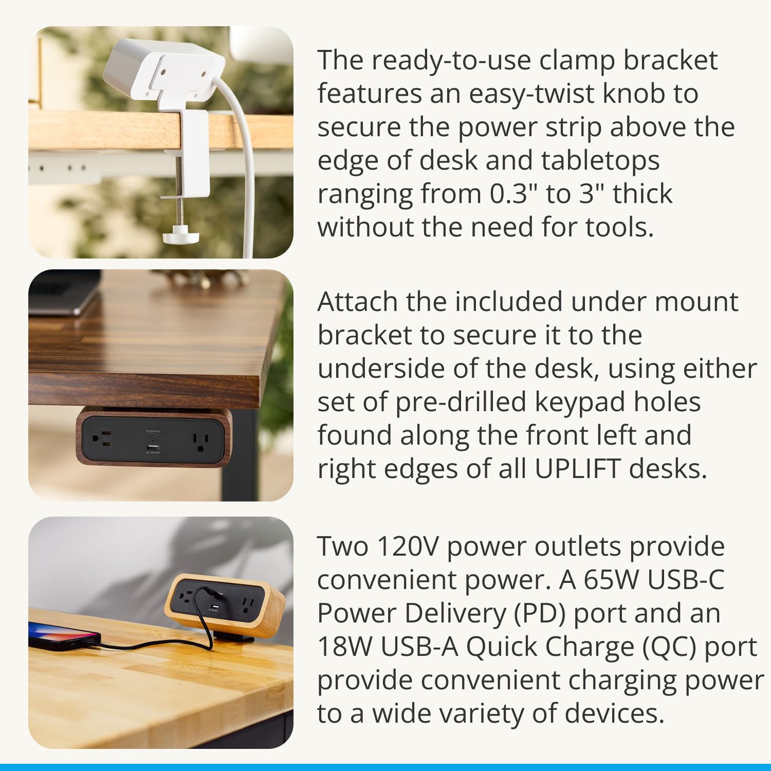 Desk Clamp Power Strip with USB-C & USB-A