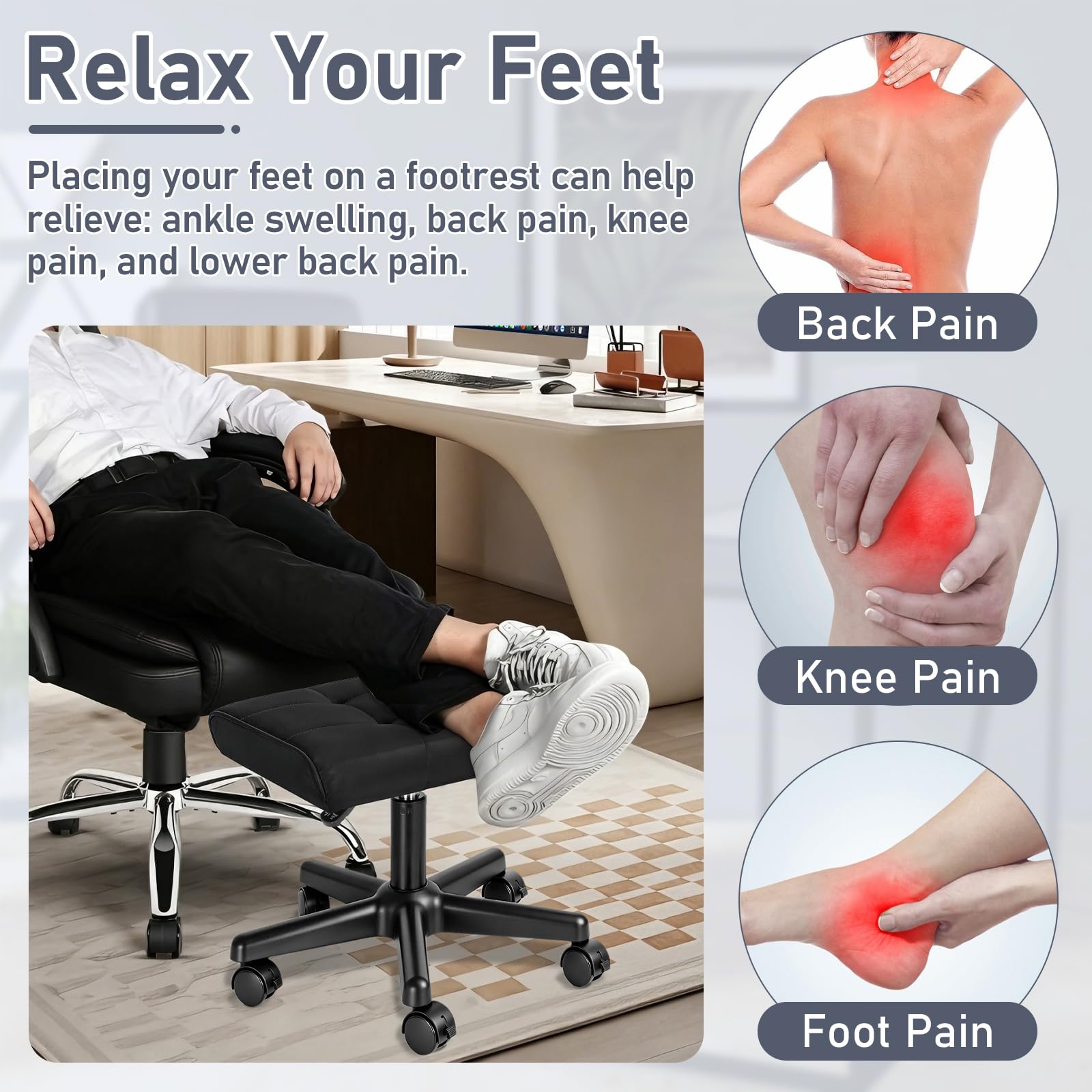 Adjustable Under Desk Footrest with Wheels