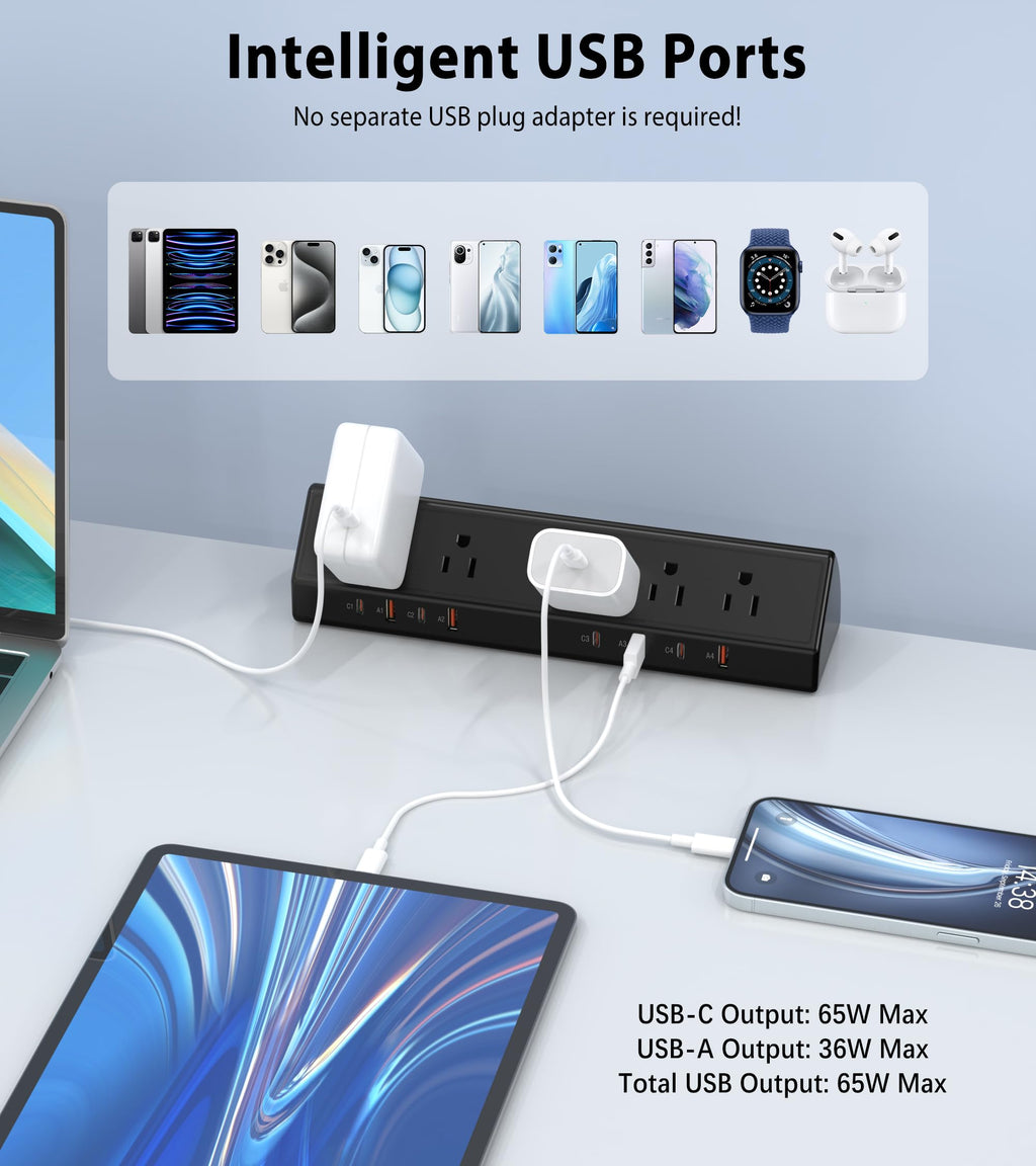 Desk Clamp Power Strip with 65W USB-C Charging