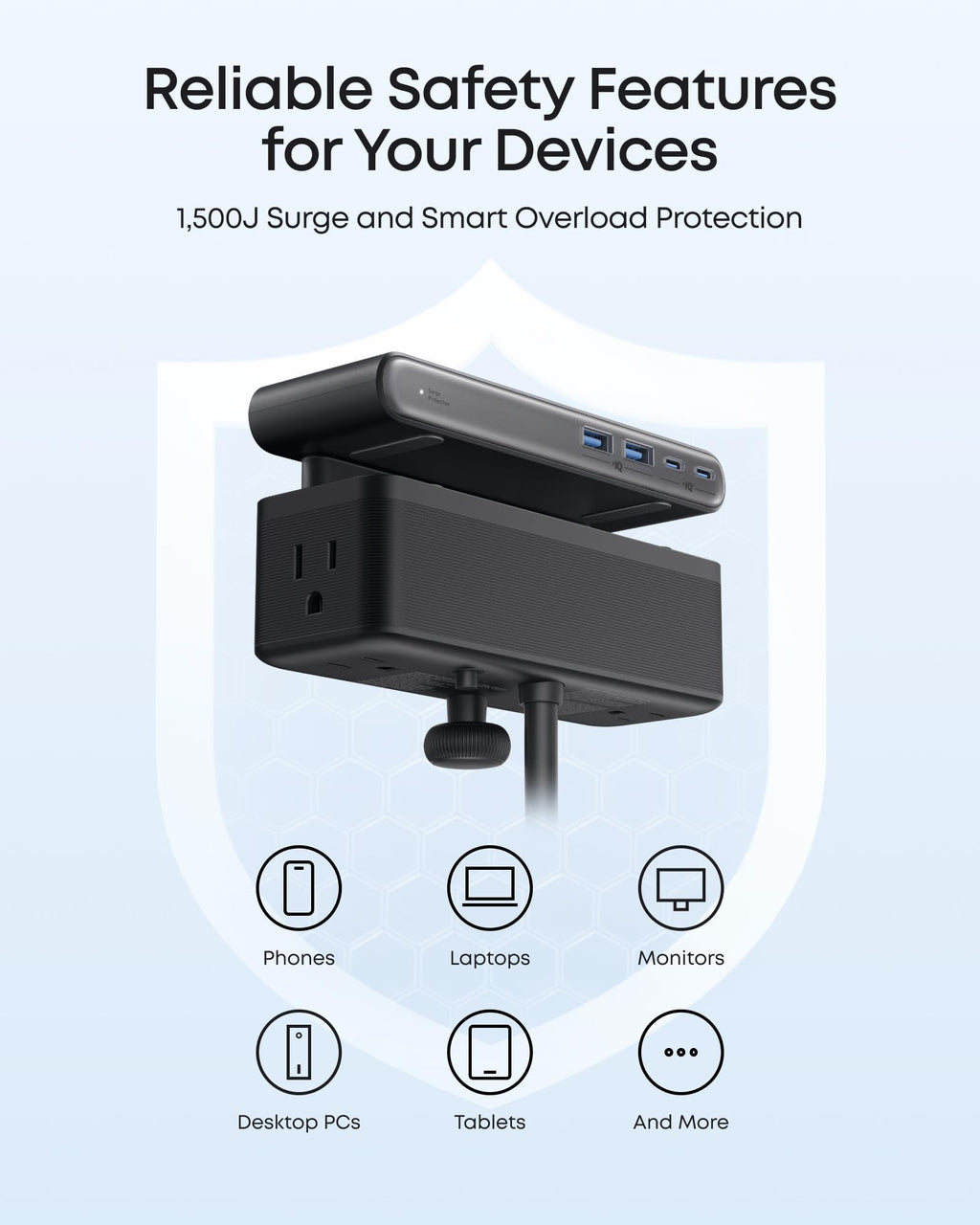 Desk Clamp Power Strip with 70W USB-C Charging