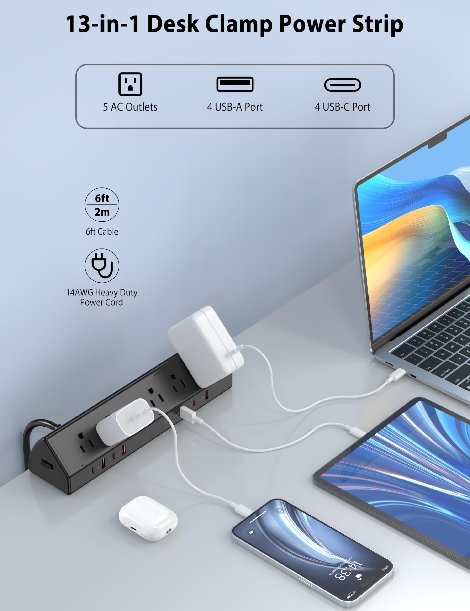 Desk Clamp Power Strip with 65W USB-C Charging