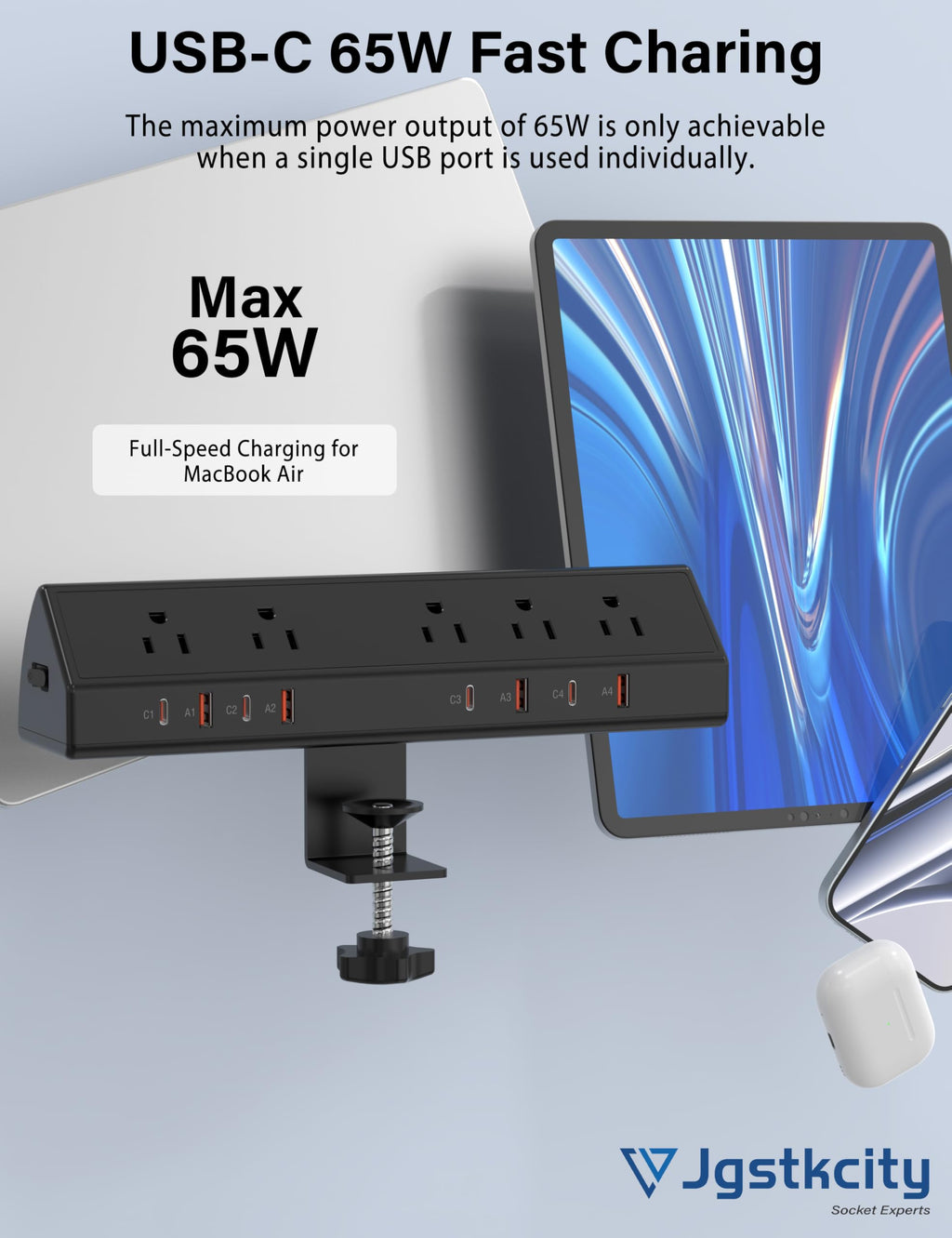 Desk Clamp Power Strip with 65W USB-C Charging