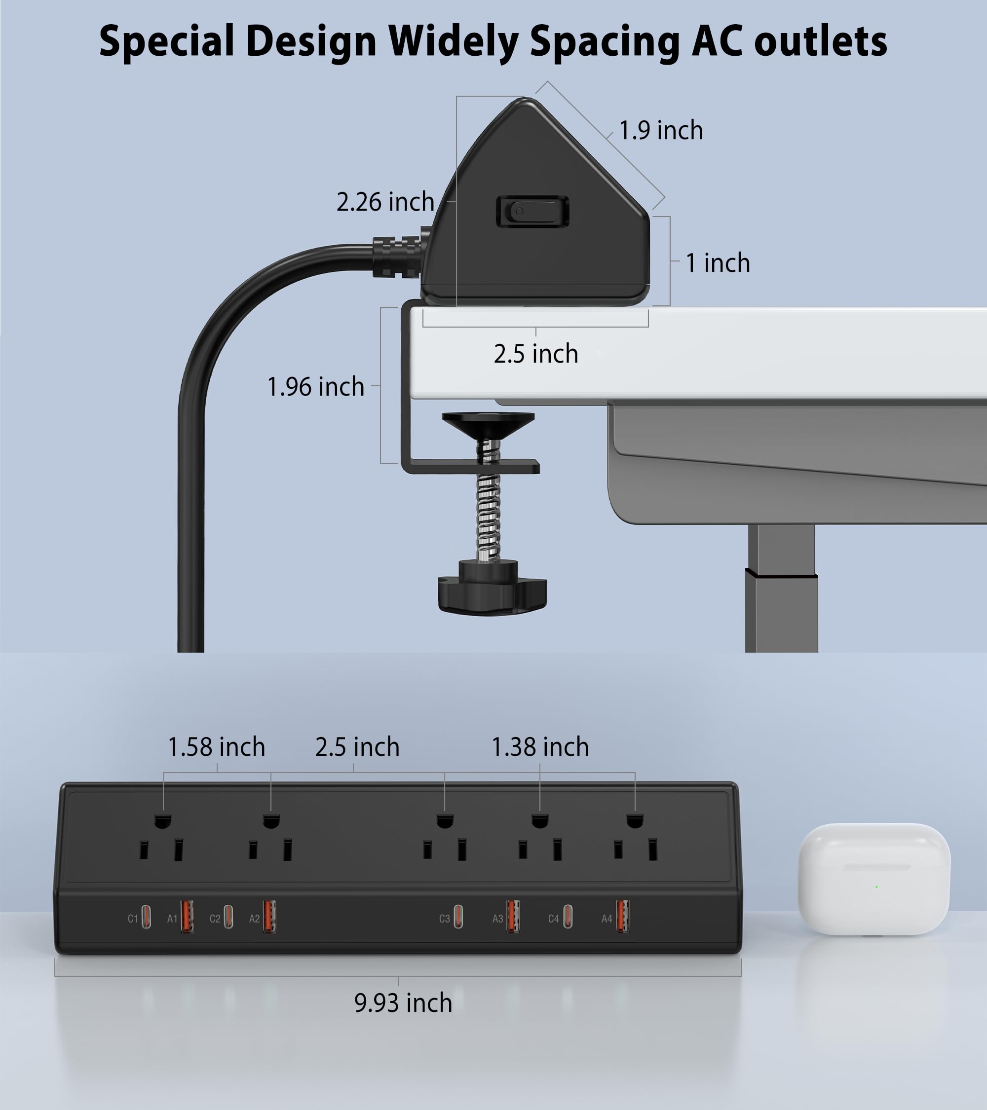 Desk Clamp Power Strip with 65W USB-C Charging